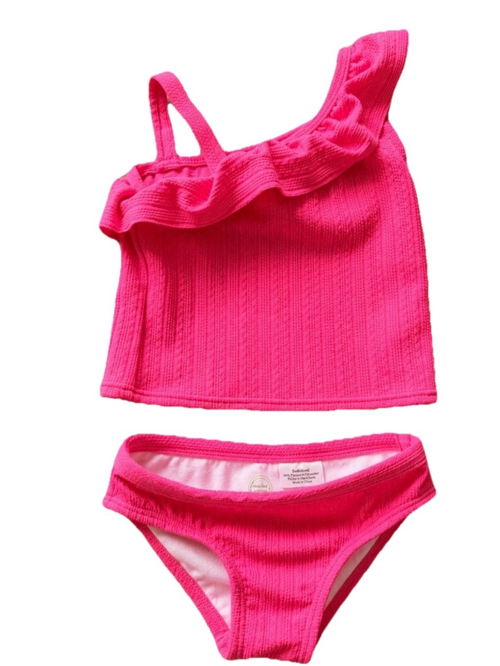 Wonder Nation Pink Ribbed One-Shoulder Ruffle Tankini Bikini Set Girls Size 18M